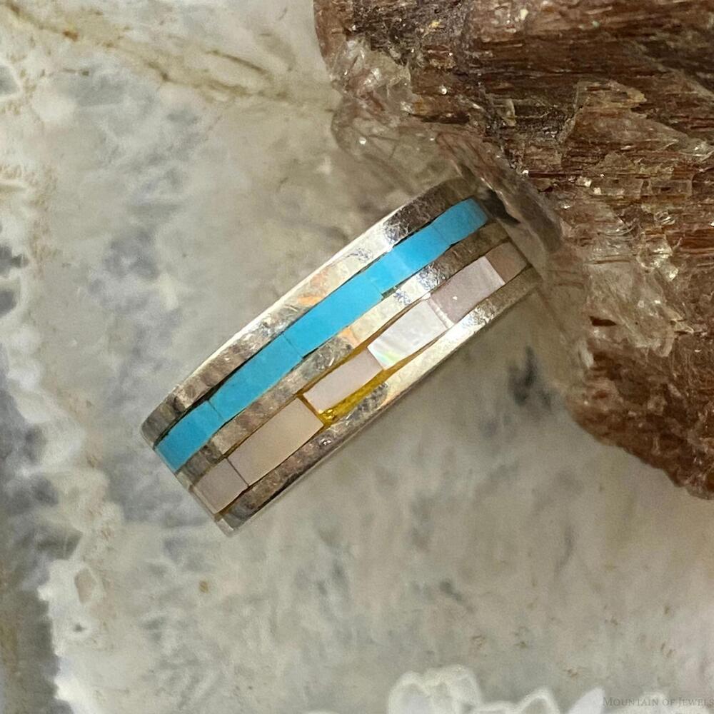 Native American Sterling Silver Turquoise & MOP Inlay Band Ring Size 6 For Women